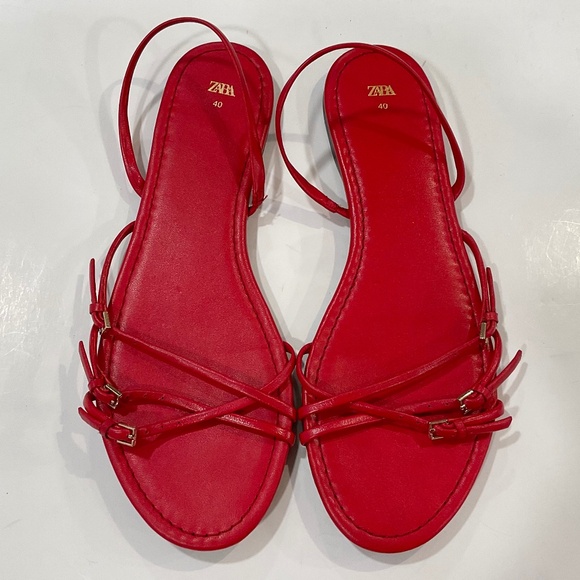 ZARA Red Triple Strap Flat Sandal Size 9 EU 40 - Picture 1 of 5